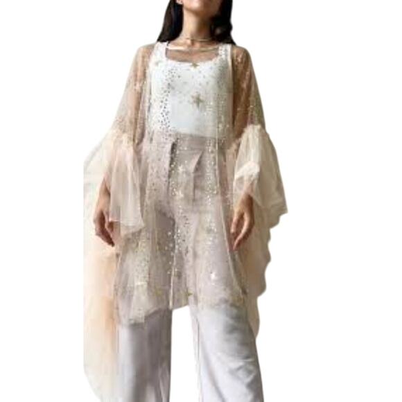 Beulah Style Beige Sheer Mesh Sequin Star Puff Sleeve Dress - Picture 1 of 5